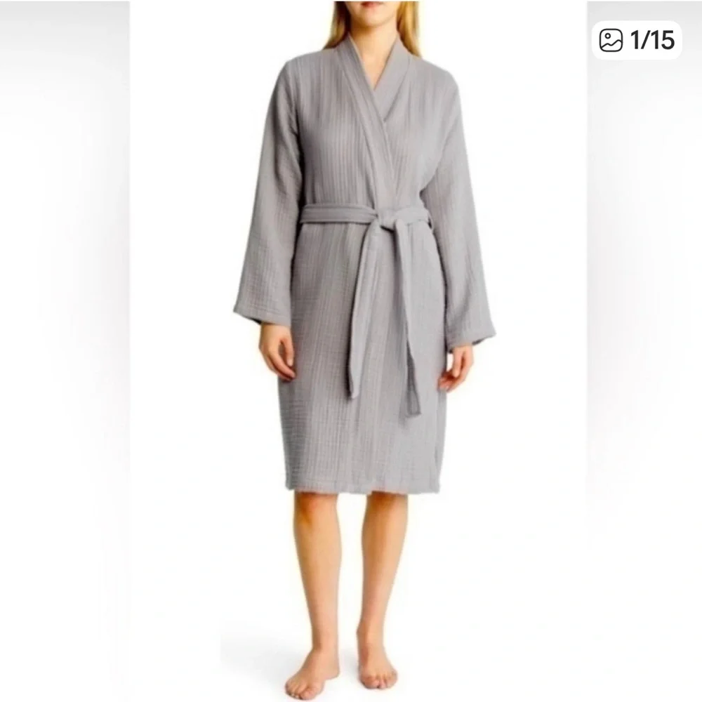 PARACHUTE Cloud Turkish Cotton Waffle Knit Belted Gauzy Unisex Grey Robe,Medium
